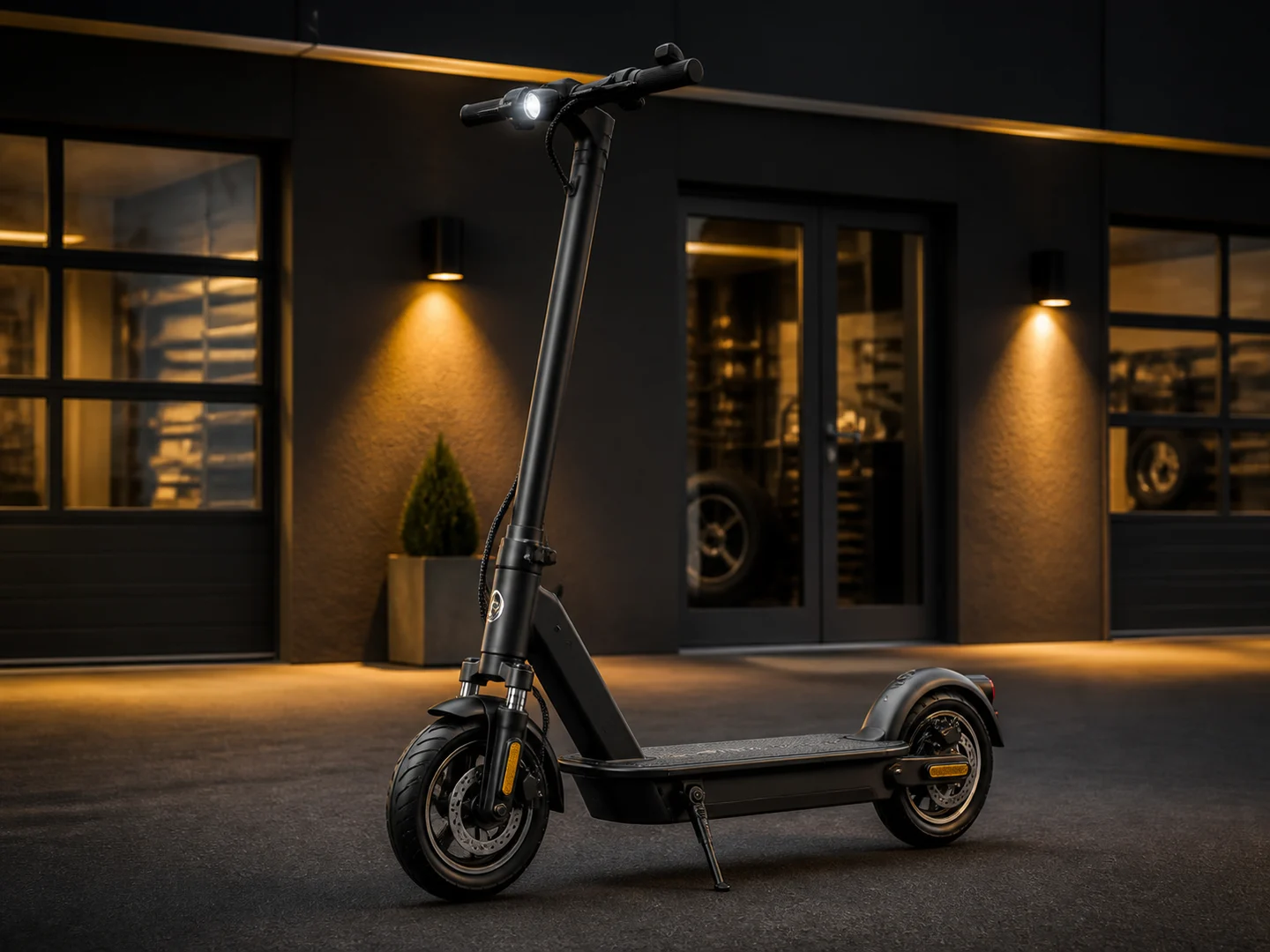 Kostenloser schwarzer E-Scooter vor einer modernen Reifenwerkstatt